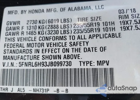 2018 Honda Odyssey Elite из США, поврежденный, VIN 5FNRL6H93JB099730